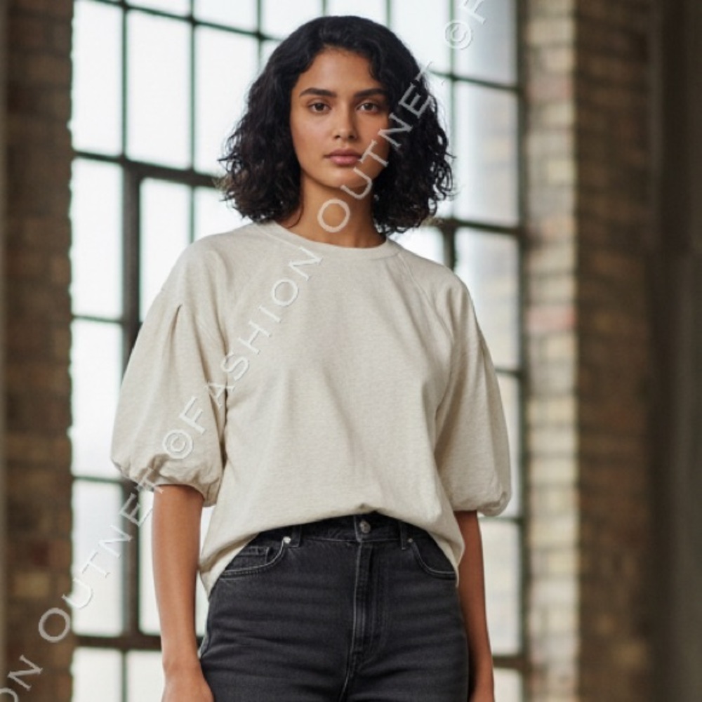 Madewell Puff-Sleeve Sweatshirt Tee Heather Natural Sz L Minimalist Chic lounge - Picture 2 of 8